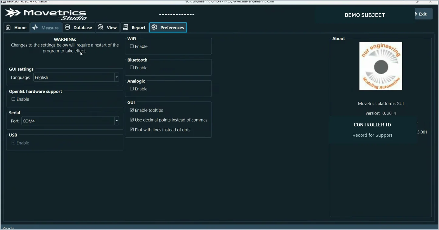 Movetrics Studio Preferences screen with anonymized system identifiers.