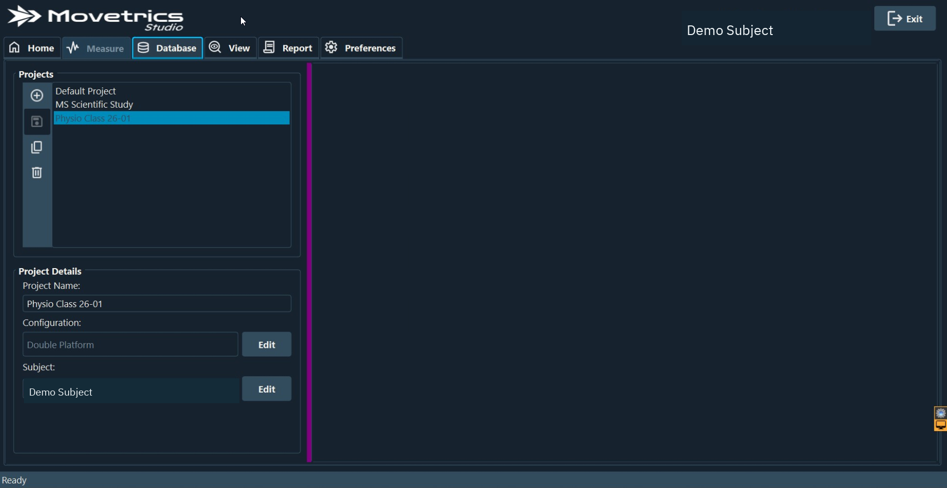 Database screen used to manage projects, configurations, and Subject records