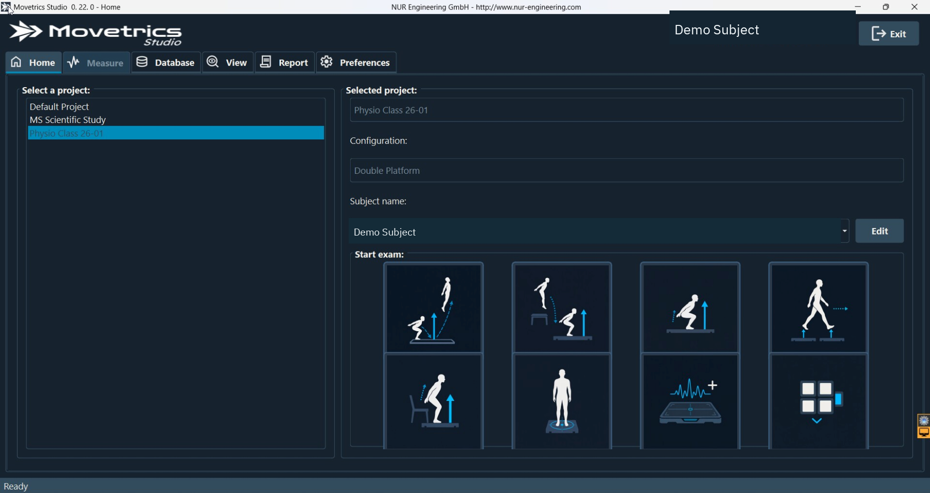 Movetrics Studio Home screen with the six main tabs and examination choices
