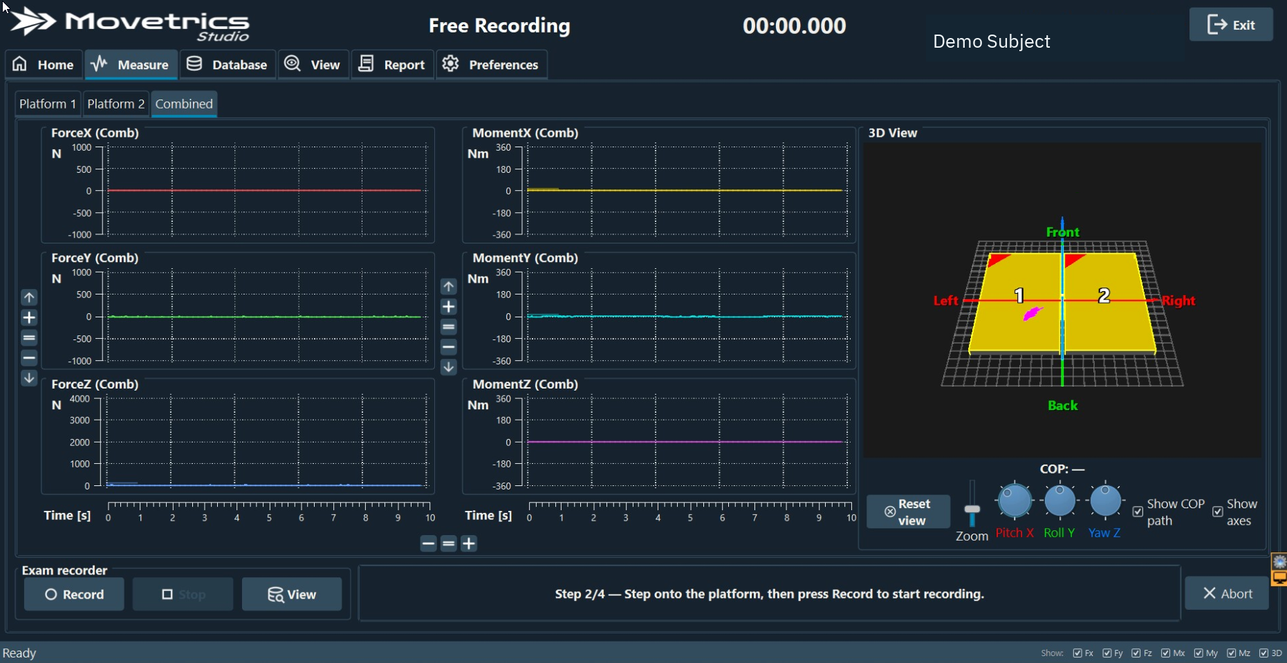 Measure screen with live force and moment graphs, display controls, and the structured workflow area