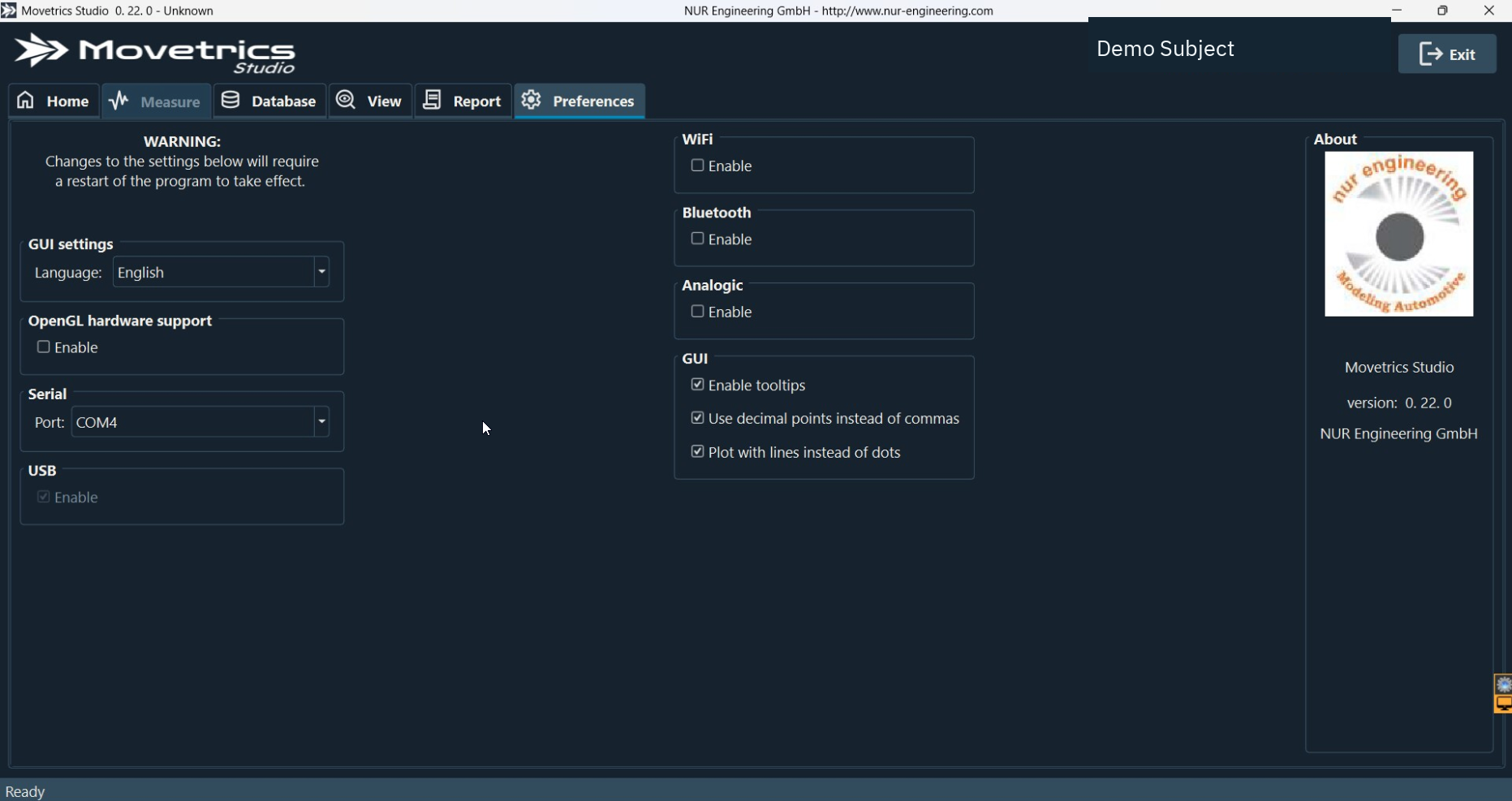 Preferences screen showing interface, connection, and About areas