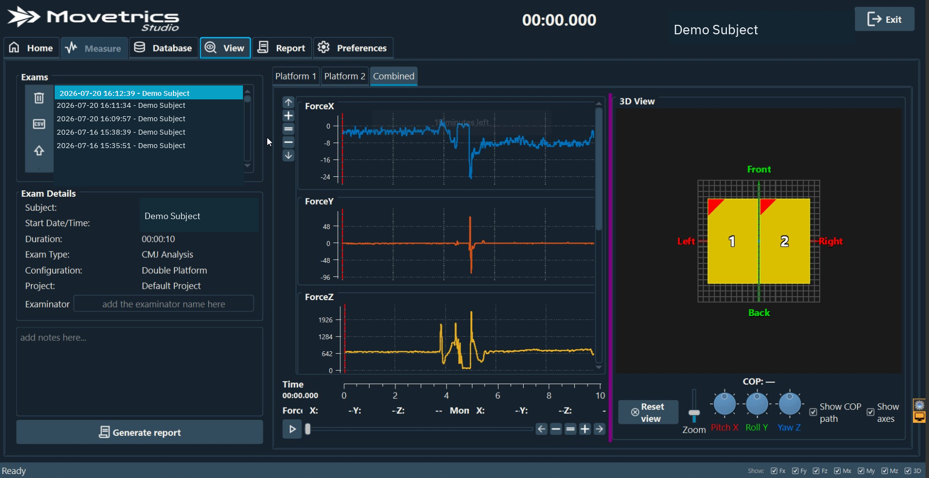 View screen with the examination list, details, playback controls, values, graphs, and notes