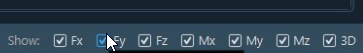 Channel controls for Fx, Fy, Fz, Mx, My, Mz, 3D, and COP display choices
