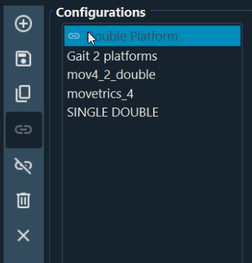 Saved force-plate configurations available for selection and project linking