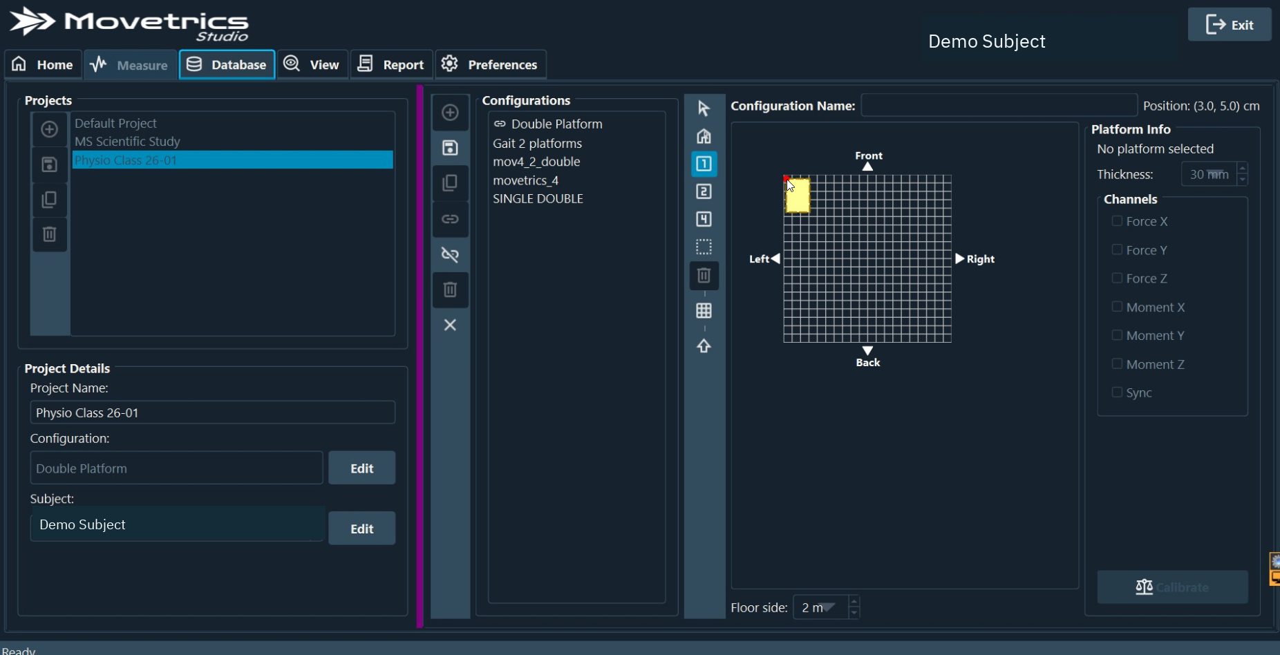 Configuration screen with a selected platform and the administrator calibration entry point