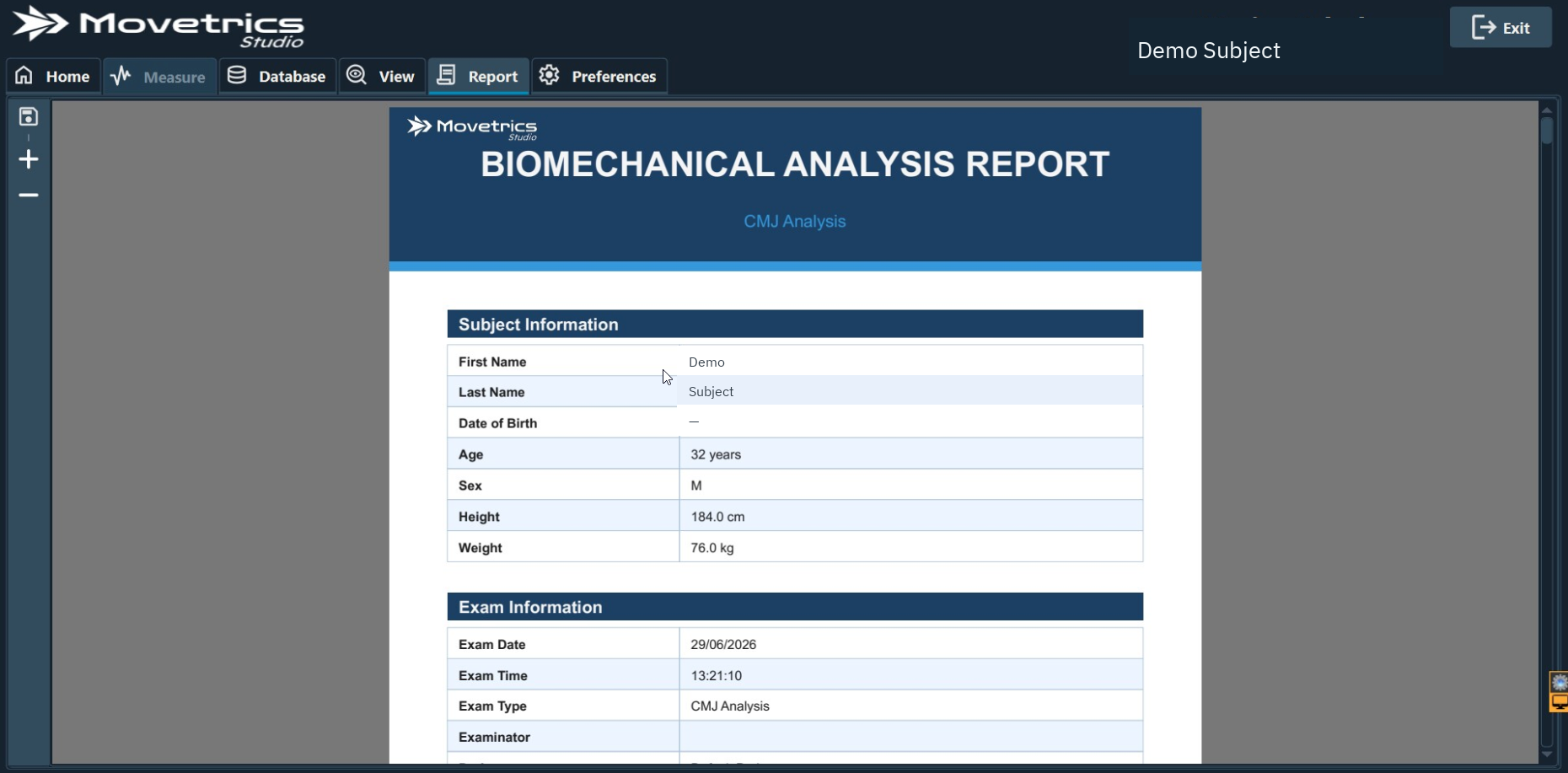 Sanitized report pages showing examination context, tables, graphs, and report sections