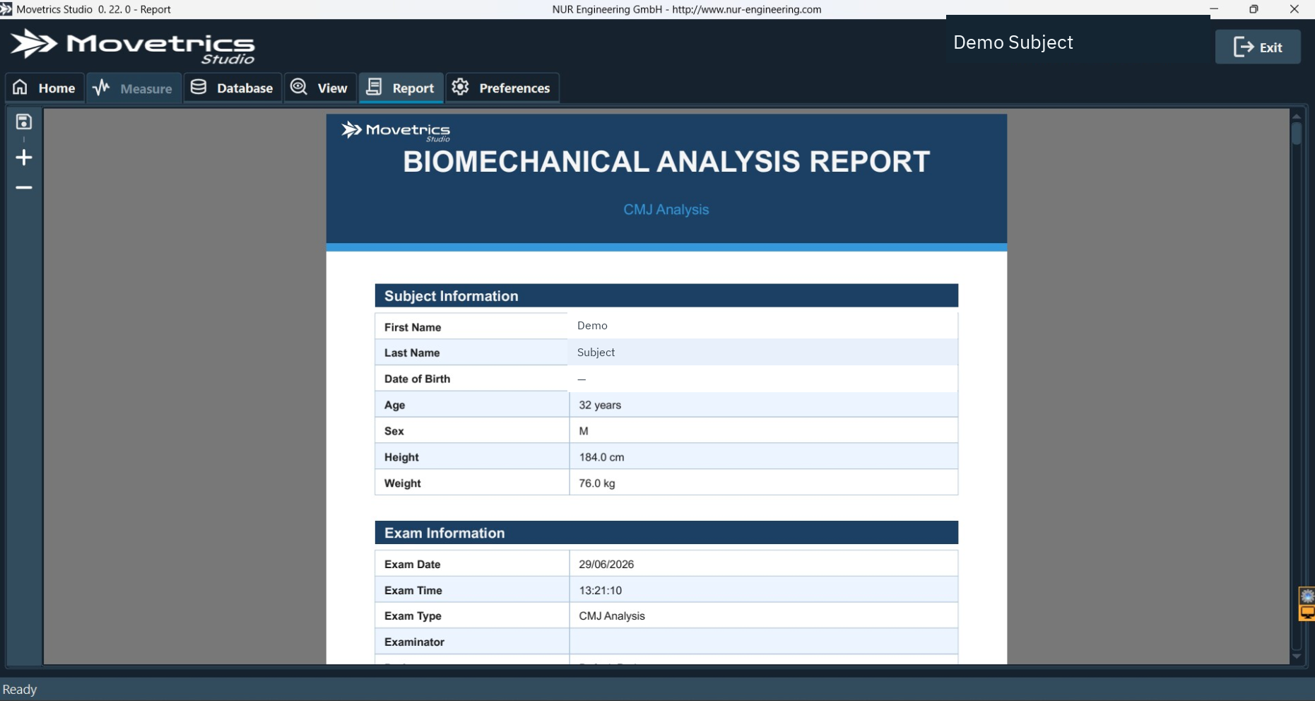 Report tab with the generated report, navigation, zoom, and save controls