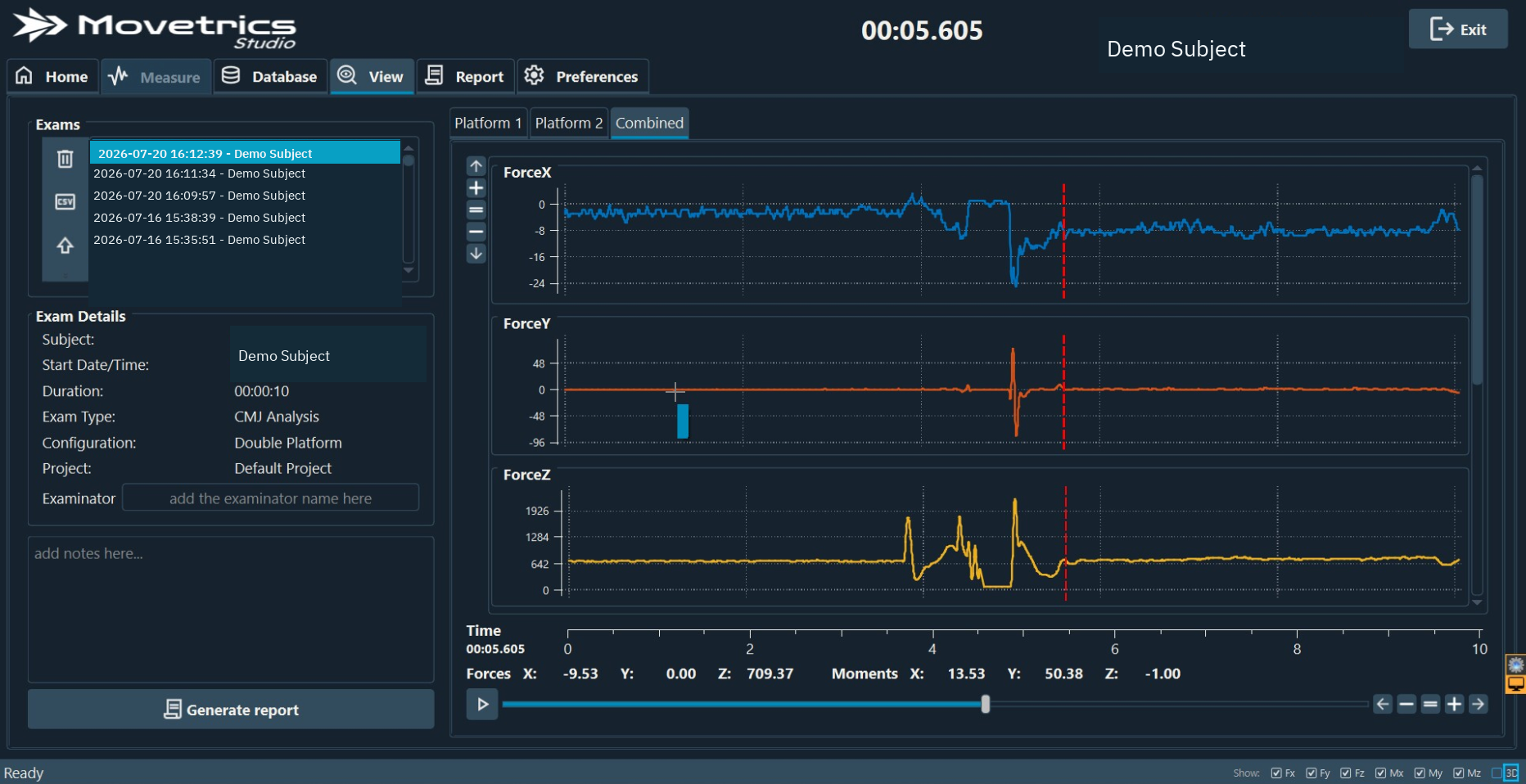 Saved examination playback with time position, exact channel values, and platform controls